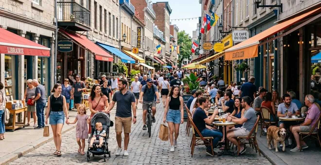 Rue commerçante animée dans un quartier urbain en transformation