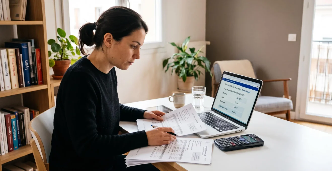 Femme consultant une simulation de prêt immobilier sur ordinateur avec documents d'offre bancaire et calculatrice sur un bureau contemporain