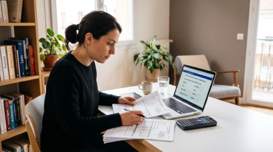 Femme consultant une simulation de prêt immobilier sur ordinateur avec documents d'offre bancaire et calculatrice sur un bureau contemporain