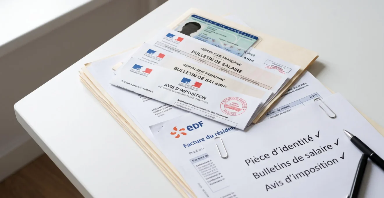 Pile organisée de documents administratifs français requis pour un dossier de prêt immobilier avec checklist cochée