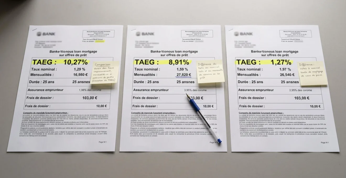 Trois offres de prêt immobilier disposées côte à côte avec surlignage des taux TAEG et annotations comparatives manuscrites