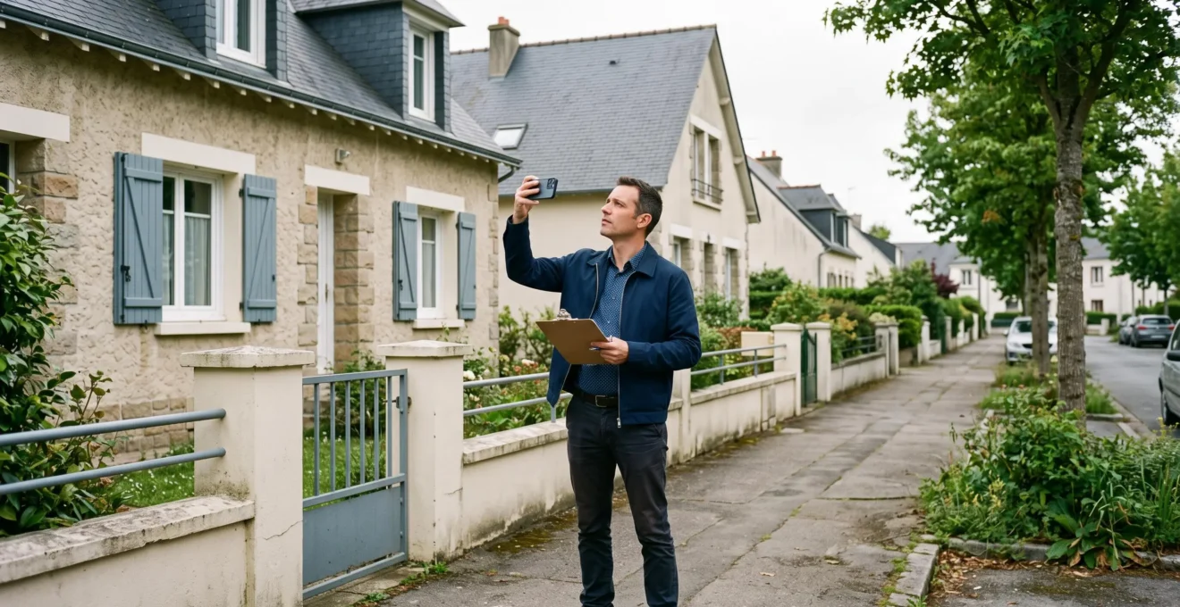 Un agent immobilier évalue une maison individuelle depuis le trottoir d'une rue résidentielle de Rezé.