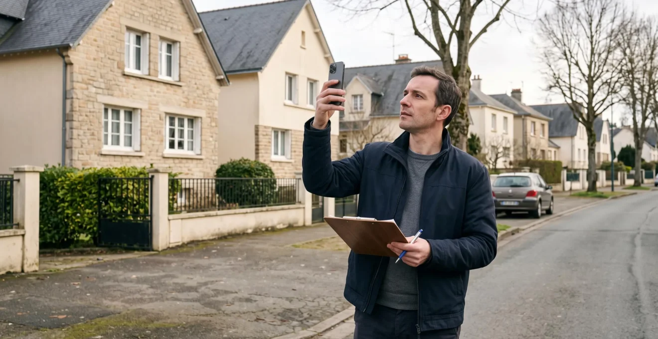 Un agent immobilier évalue une maison individuelle depuis le trottoir d'une rue résidentielle de Rezé.
