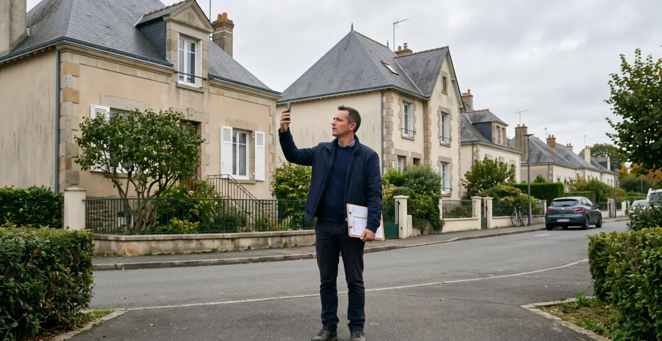 Un agent immobilier évalue une maison individuelle depuis le trottoir d'une rue résidentielle de Rezé.