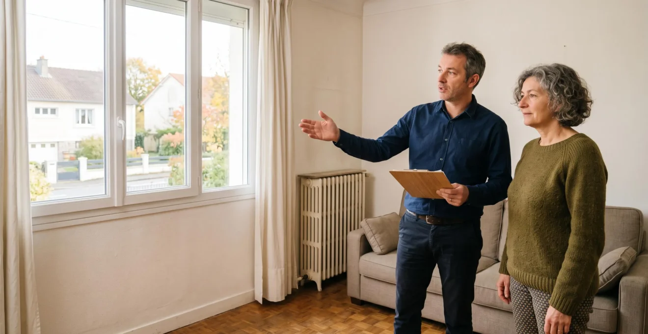 Un agent immobilier explique son estimation à une propriétaire dans le salon de son bien à Rezé.