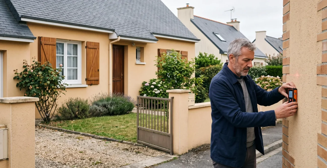 Un agent immobilier mesure la façade d'une maison suburbaine à Rezé avec un télémètre laser.