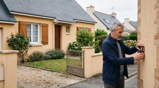 Un agent immobilier mesure la façade d'une maison suburbaine à Rezé avec un télémètre laser.
