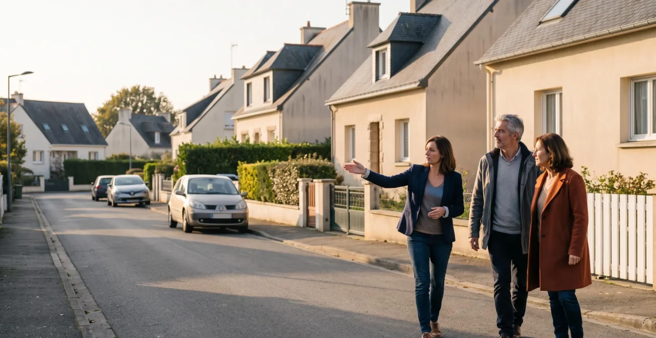 Un agent immobilier montre une maison à un couple pendant une visite dans une rue résidentielle de Rezé.