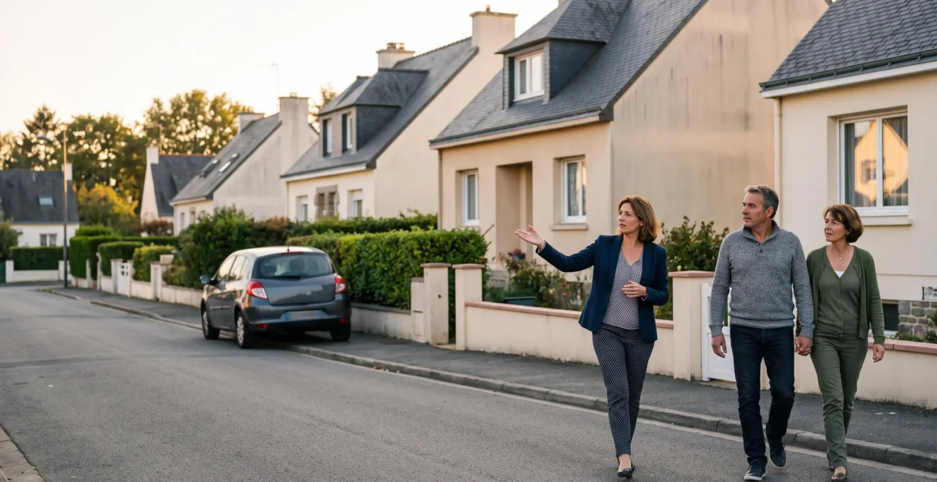 Un agent immobilier montre une maison à un couple pendant une visite dans une rue résidentielle de Rezé.