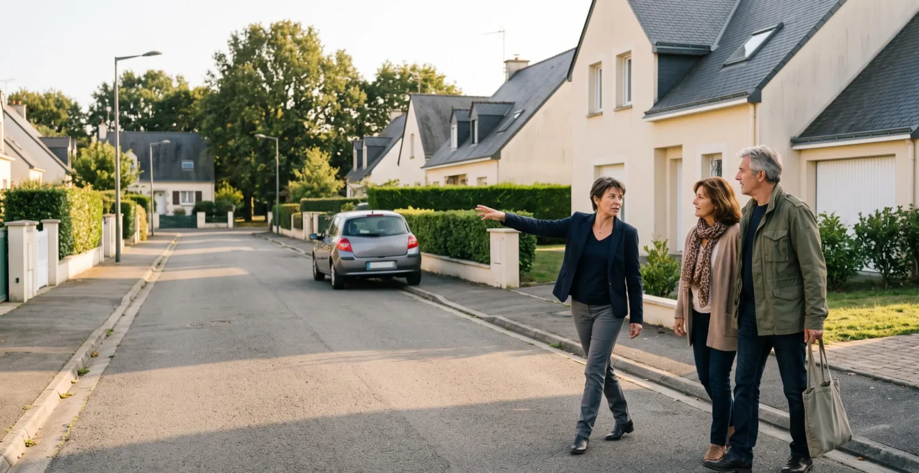 Un agent immobilier montre une maison à un couple pendant une visite dans une rue résidentielle de Rezé.