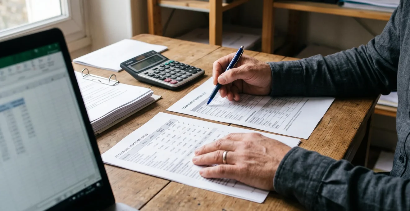 Des mains comparent des tableaux chiffrés de transactions immobilières sur une table lors d'une analyse de prix.