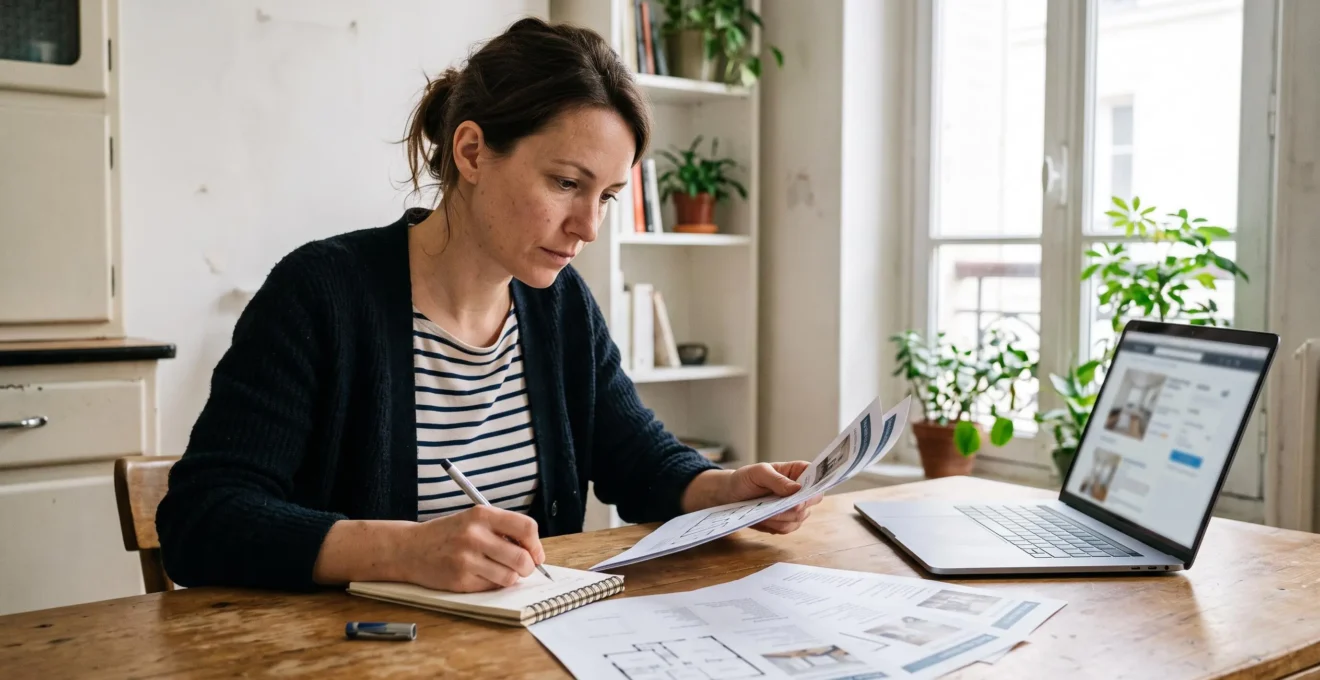 Une femme compare des annonces immobilières imprimées et prend des notes à la table de son appartement.