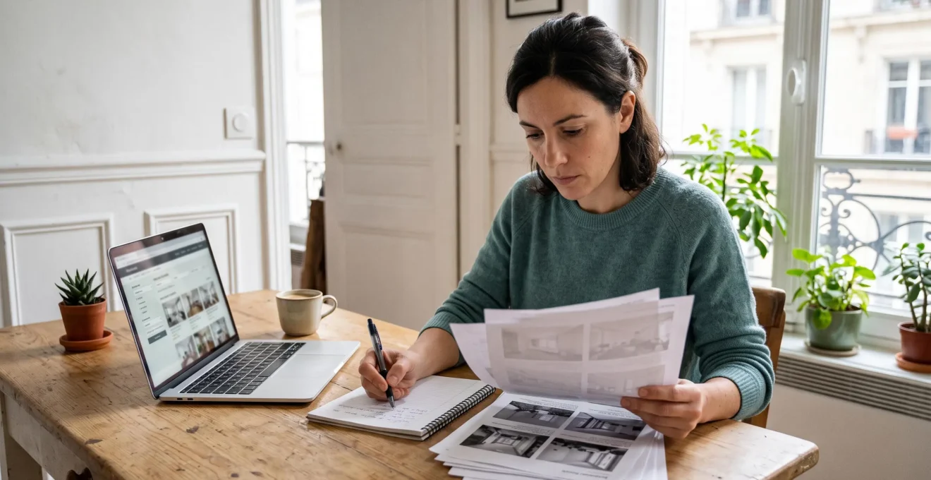 Une femme compare des annonces immobilières imprimées et prend des notes à la table de son appartement.