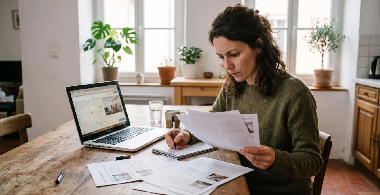 Une femme compare des annonces immobilières imprimées et prend des notes à la table de son appartement.