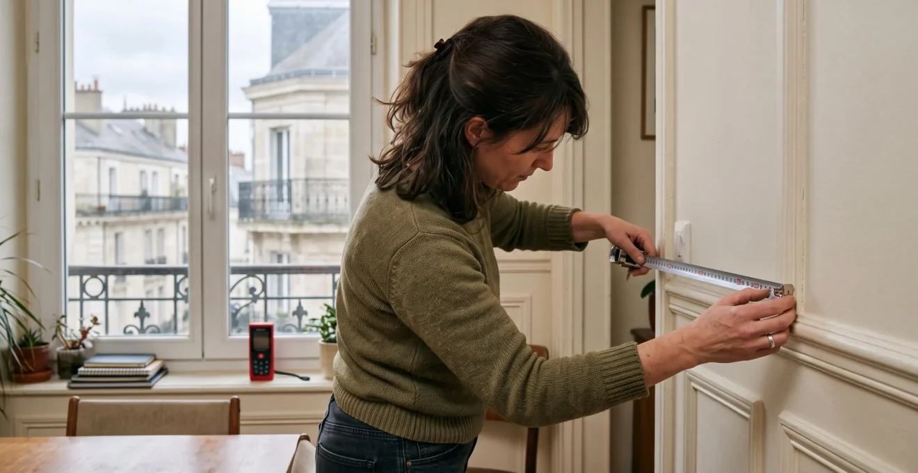 Une femme mesure le mur d'un salon avec un mètre ruban lors d'une visite d'estimation immobilière.