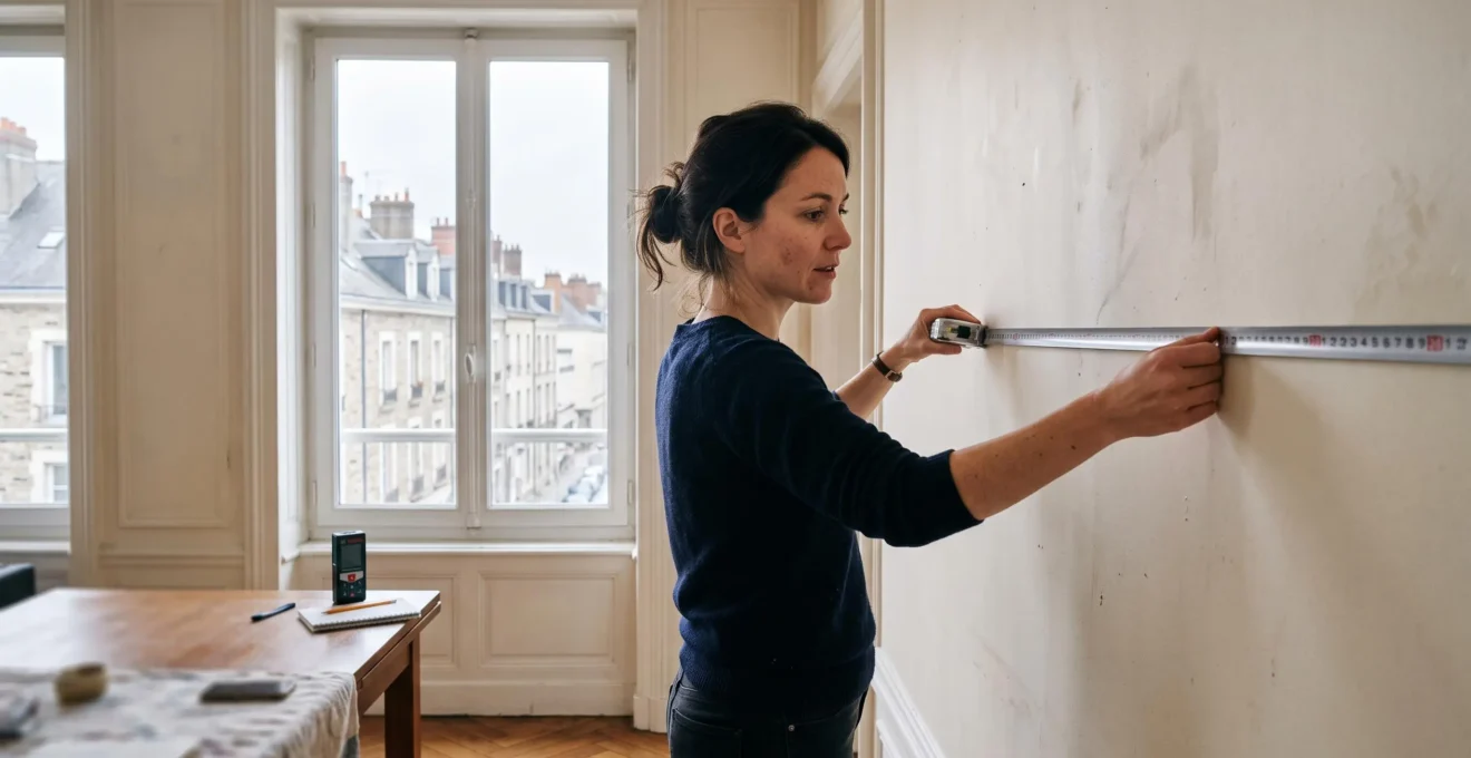 Une femme mesure le mur d'un salon avec un mètre ruban lors d'une visite d'estimation immobilière.
