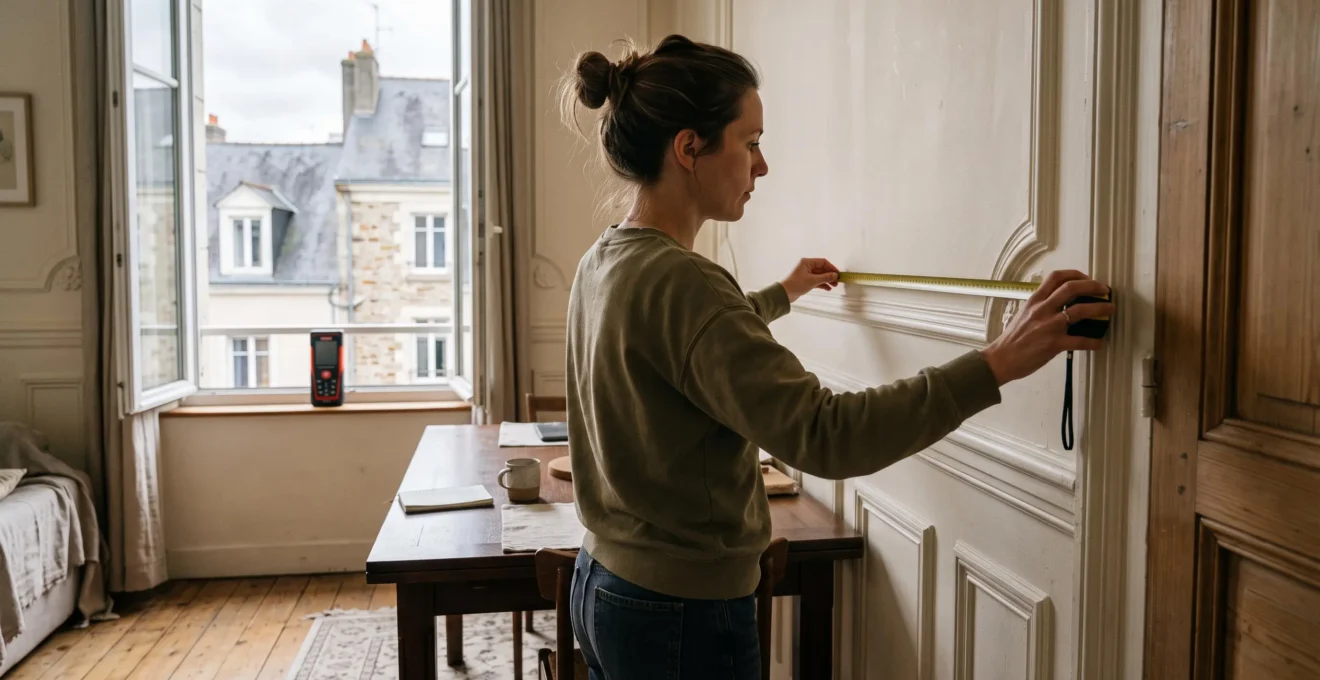 Une femme mesure le mur d'un salon avec un mètre ruban lors d'une visite d'estimation immobilière.